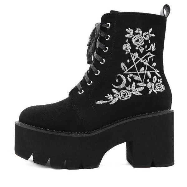 

boots autumn platform ankle boots for women embroidery design lace up punk goth fashion boots round toe wedges black shoes brand boots