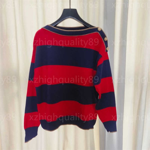 

sweater women designer sweaters womens pullover sweatshirt red and blue striped one piece neckline metal shoulder buttons designers clothing, White;black