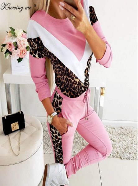 

women 2020 spring leopard patchwork suit tracksuit set lady autumn casual drawstring twopiece jogging sweatshirt set female t207049232, White