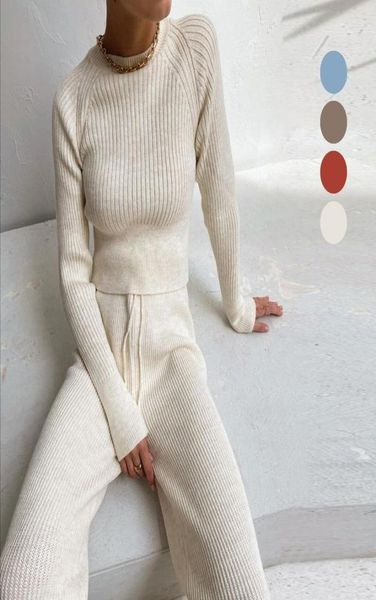 

women's tracksuits sweater suits women solid color slim pullovers wide leg pants two piece set female winter outfits knitted sets for i, Gray