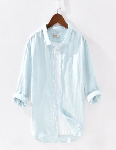 

men039s three quarter sleeve shirts 100linen summer casual fashion solid pink shirts man turndown collar blouse y24972636296, White;black