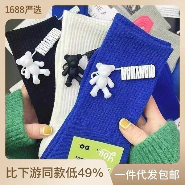 

spring and summer pins 3d detachable little bear ins fashion versatile mesh red medium sleeve men's and women's fashion socks high, Black