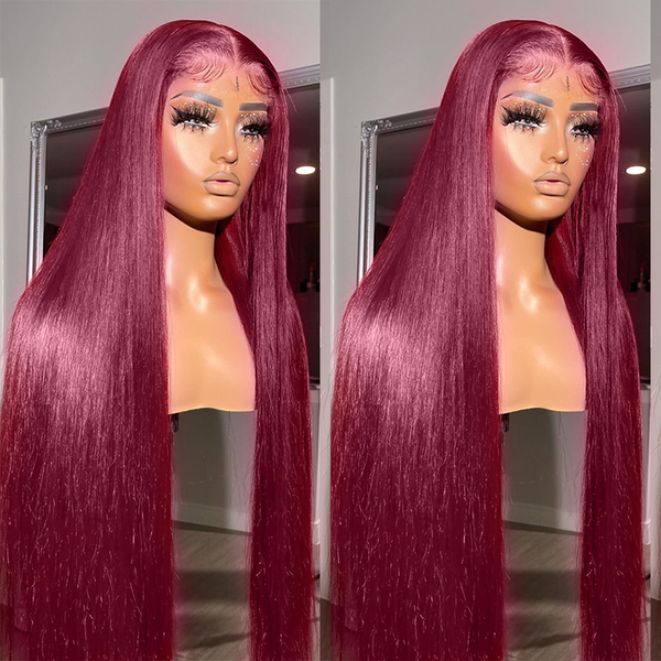 

99j Burgundy Colored HD Lace Frontal Human Hair Wigs 13x4 Lace Front Human Hair Wigs Pre Pucked Lace Frontal Human Hair Wigs
