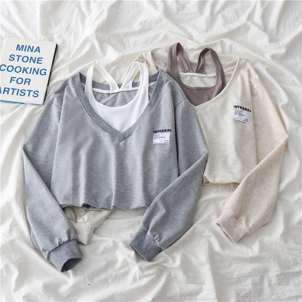 

women's hoodies sweatshirts korean fashion women fake two pieces strapless crop preppy style harajuku swearshirt loose casual pullovers, Black