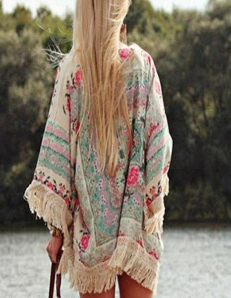 

boho cardigan autumn women 2021 floral kimono blouses tassels beach cover up batwing longsleeved cape jacket long blouse 2640410, White