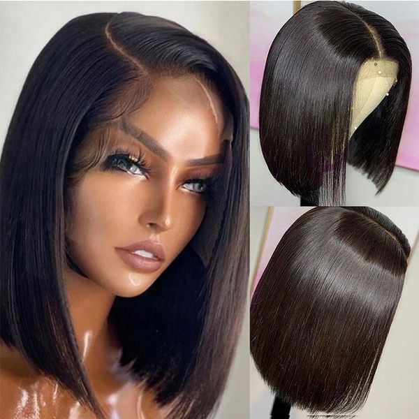 

Short Straight Bob Wig Brazilian Human Hair Bob Wig for Women13x4 Transparent Lace Front Human Hair Wigs Pre Plucked, Black