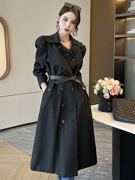 

women's trench coats fashion woven spring autumn women jacket coat mujer chic vintage double-breasted loose long outerwear windbreaker, Tan;black