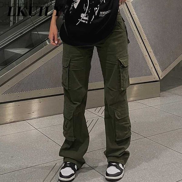 

women's pants capris vintage y2k cargo trouser pocket jeans women's fashion 90s street clothing pocket wide leg high waist straigh, Black;white