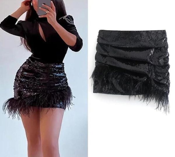 

skirts feather sequins skirt women 2022 black short woman ruched high waist mini year shiny party5374965