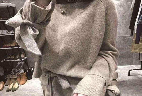 

winter cashmere knitted two piece set bow long sleeve pullover sweater elastic wiast tracksuits pants suit 2105204537900, White