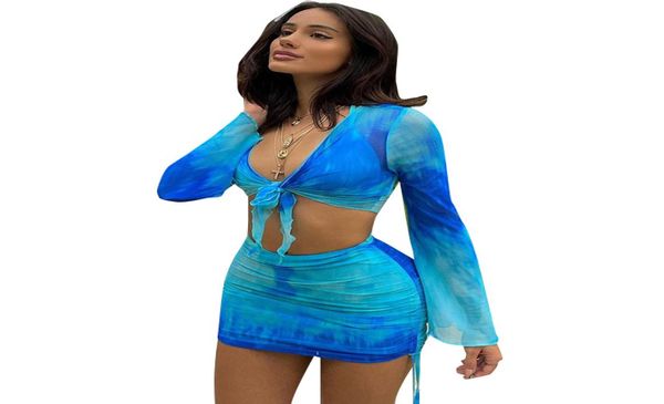 

women two piece pants long sleeve 2 pieces sheer mesh cover up dress crop bodycon ruched mini skirt sets4112358, White