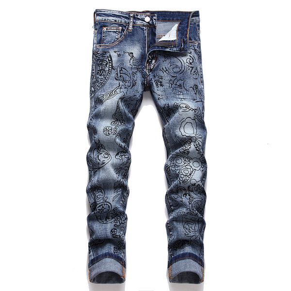 

mens jeans rock punk style design men floral print fashion pattern stretch denim pants streetwear slim tapered blue trousers jeans 230809