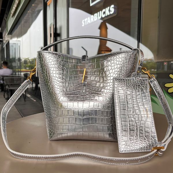 

bucket tote bag fashion cross body bags alligator pattern handbags genuine leather gold hardware letter removable shoulder strap zipper wall