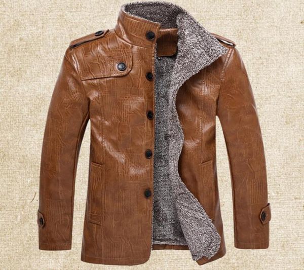 

winter men039s pu leather faux fur motorcycle jacket plus velvet thicken in the long section large size leather jacket coat8401880, Black
