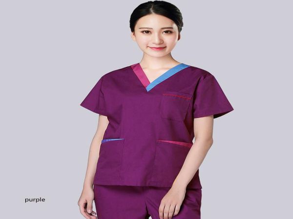 

women scrub cotton short sleeve uniforms color blocking v neck nursing workwear scrub shirt with side vent9341597, White