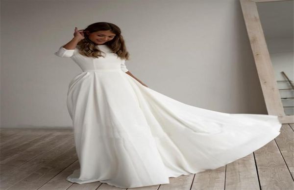 

simple wedding dress long sleeves a line crepe boat neck elegant bridal dresses with pockets plus size robe de mariee8256274, White