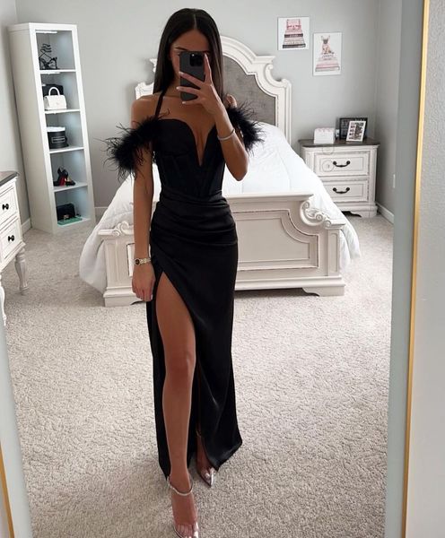 

black plus size sheath prom dresses long for women halter neck feather side split formal occasions pageant dress evening party birthday gown