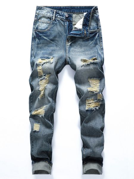 

mens jeans men ripped frayed bleach wash jeanslook stylish feel comfortable 230808, Blue