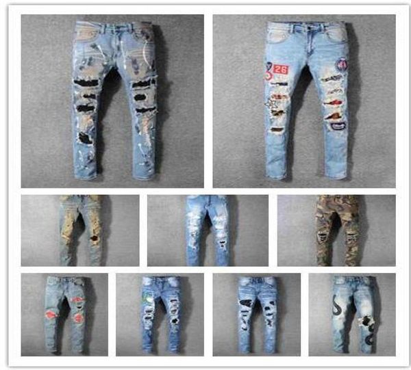 

tide pleated hole slim feet slightly elastic mens pants stretch slim jeans fashion brand trousers7479360, Blue