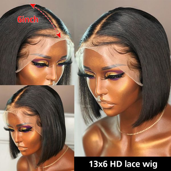 

13x6 Transparent Bob Human Hair Wig Pre Plucked Brazilian Remy 180% Short Bone Straight 4x4 Bob Lace Closure Wig for Women, Black
