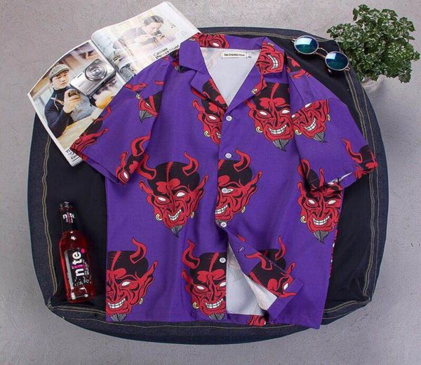 

harajuku devil ghost monster print mens loose short sleeve shirts women ins purple pink hip hop shirts party clothing8234980, White;black