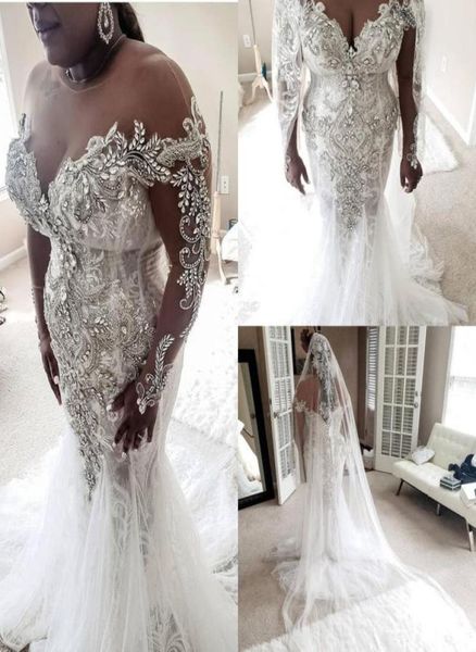 

sparkly african lace appliqued mermaid wedding dresses luxury long sleeves crystal beaded plus szie dubai bridal gown6305316, White