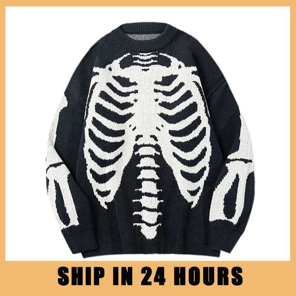

men's sweaters streetwear oversized knitted sweaters mens vintage skeleton bone printed hip hop harajuku patchwork casual pullover blac, White;black