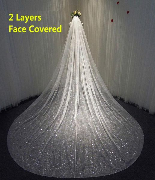 

two layers bling bridal veil long sparkly glittering white champagne cathedral sequins blusher facecovered veil with comb x07262182124, Slivery;golden