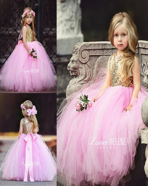 

puffy pink tulle little girls pageant dresses gold sequin floor length flower girl dress bow sash formal kids ball gowns 20177472922, White;red