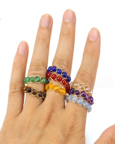 

handmade stone cluster ring silver gold wrapped agate chakra bead crystal adjustable rings for women8173682, Golden;silver