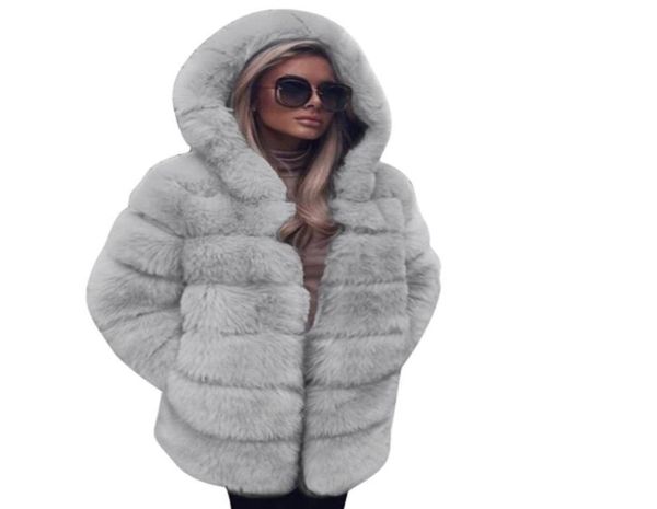 

women coat fashion 2020 faux fur coat hooded autumn winter warm overcoat jacket coats women coat9131917, Black