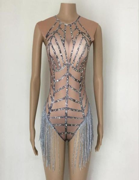 

stage wear rhines silver tassel leotard sleeveless nude clothes women39s dance prom outfit nightclub female singer sh2809628, Black;red