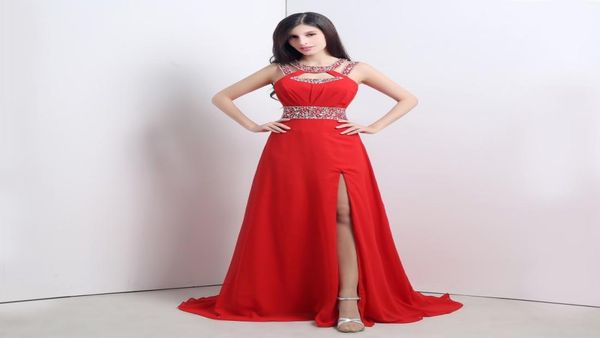 

2015 in stock red prom dresses a line floor length jewel side splite formal evening gowns size 6 to 16 chiffon party dresses3462149