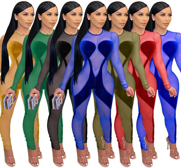 

autumn and winter large size women jumpsuits clothing gold velvet mesh splicing perspective nightclub long sleeve jumpsuit s9064776, Black;white