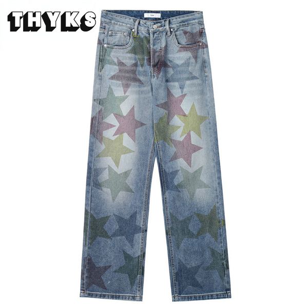 

mens jeans high street jean pants men full star print straight harajuku vibe washed trousers baggy streetwear denim y2k clothes 230809, Blue