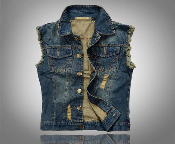 

whole 2016 s ripped jean jacket mens denim vest plus size m 6xl jeans waistcoat men cowboy brand sleeveless jacket 4693327, Black;white