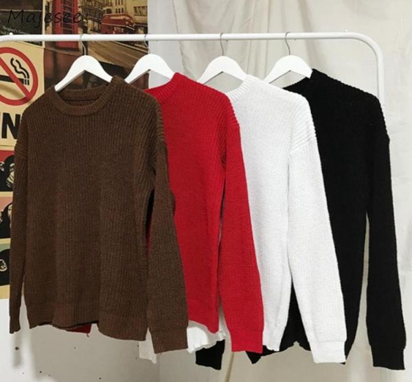 

men039s sweaters winter ribbed pullovers men cozy loose oneck solid knitted retro couple warm long sleeve korean style teens v4621318, White;black