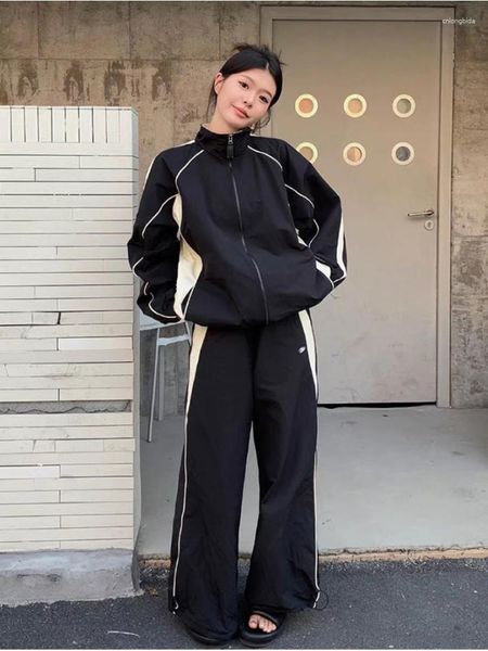 

women's two piece pants vintage y2k black joggers sweatpants women retro streetwear hip hop tracksuit oversize zipper jackets, White
