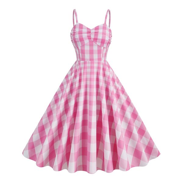 

barbie pink women's vintage fresh vacation plaid english lunge strap slash neck high waist mid length dress cotton dress barbie hepburn, Black;gray