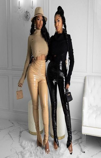 

wet look faux leather stacked trousers women slim fit pencil pants solid color high waist pleated slit ruched pants for lady9525135, Black;white