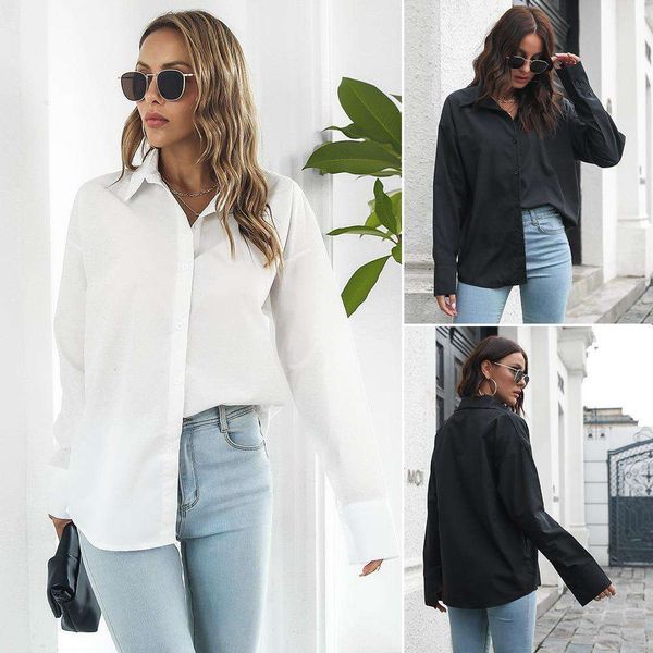 

long sleeve mid length shirt with cotton cuffs loose for women spring and autumn style ins womens clothing, White