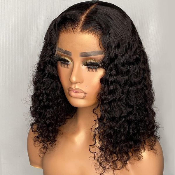 

human hair wigs for women brazilian deep wave frontal wig 180 density transparent t part lace wig jerry curl bob preplucked remy, Black