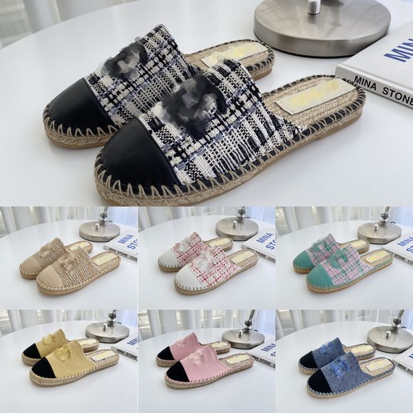 

designer luxury slippers women sandal slip on raffia straw fisherman slides tweed flat mule canvas slider beach pool ladies shoes interlocki, Black