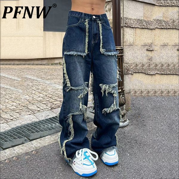 

men's jeans pfnw spring summer y2k loose trend high street american casual personality raw edge straight chic pants 28a2649 230809, Blue