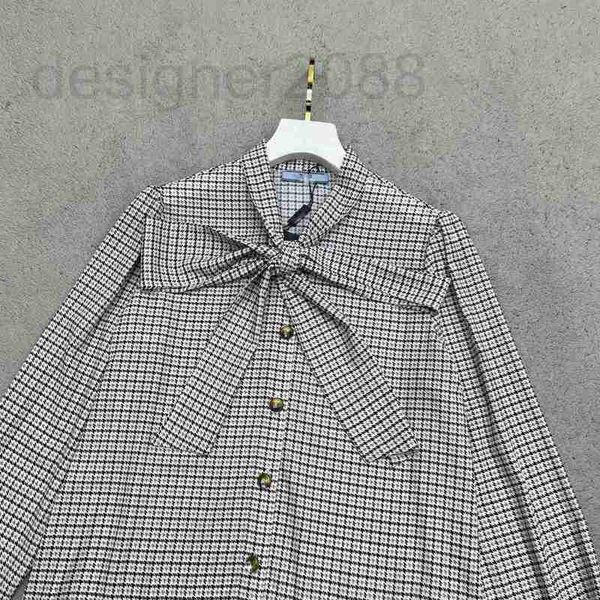 

women's blouses & shirts designer 2023 new commuter versatile slim and age reducing thousand bird plaid ribbon collar long sleeve shirt, White