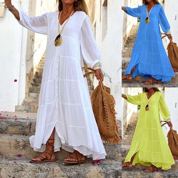

womens summer bohemian pure color v neck loose long sleeves dress, Black;gray