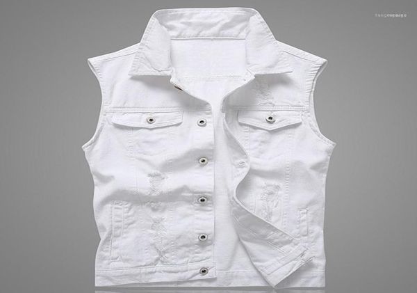 

men039s vests hole denim waistcoat men white jeans vest solid rock for fashions summer sleeveless jacket 5xl punk biker ripped18630498, Black;white