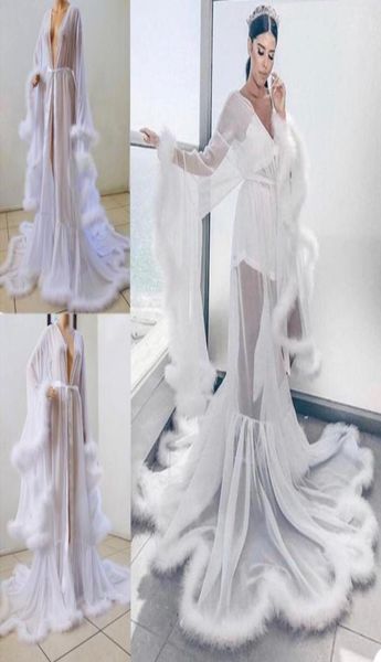 

2021 new bridal jackets with fur long sleeves women party sleepwear custom made bathrobe sheer nightgown robes23862238350917, White