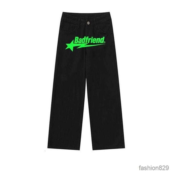 

men's jeans hip hop badfriend letter printing baggy pants harajuku fashion punk rock wide leg trousers streetwear, Blue