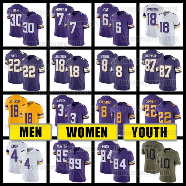 

18 justin jefferson jersey 8 kirk cousins football minnesotas vikings randy moss 6 lewis cine cj ham 22 harrison smith 87 t.j. hockenson add, Black;red